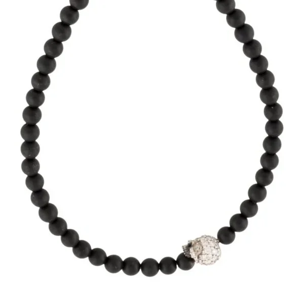 DAVID YURMAN ONYX & DIAMOND STERLING SILVER MEMENTO MORI SKULL STATION BRACELET